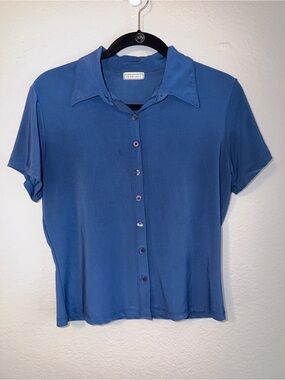 Blue Short-Sleeve Button Front Blouse